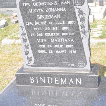BINDEMAN Gerhardus 1919-1983 &amp; Aletta Johanna RENS 1920-1966 :: BINDEMAN Alta Martiana 1962-1978