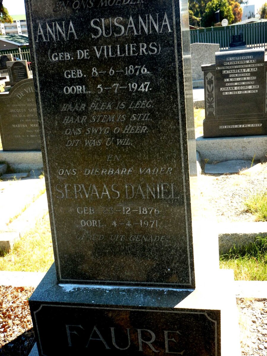 FAURE Servaas Daniel 1876-1971 &amp; Anna Susanna De VILLIERS 1876-1947