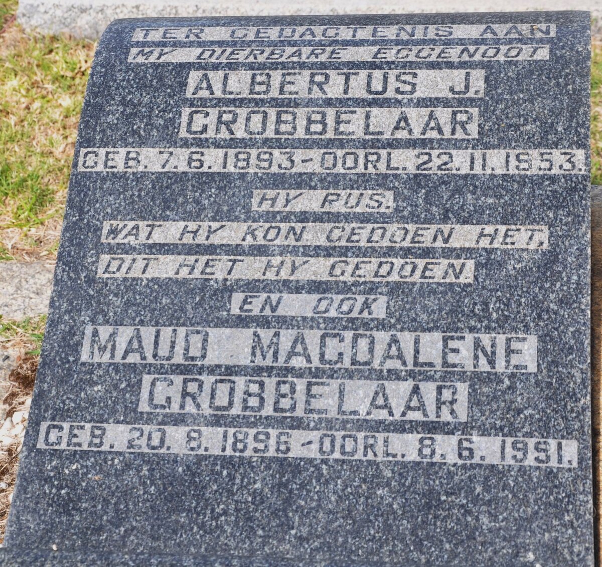 GROBBELAAR Albertus J. 1893-1953 &amp; Maud Magdalene 1896-1991