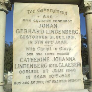 LINDENBERG Johan Gebhard -1931 &amp; Catherine Johanna GLAESER -1948