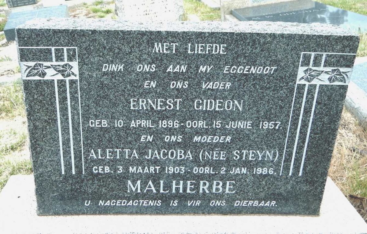 MALHERBE Ernest Gideon 1896-1957 &amp; Aletta Jacoba STEYN 1903-1986