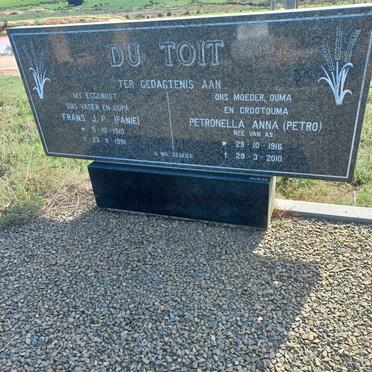 TOIT Frans J.P., du 1910-1991 &amp; Petronella Anna VAN AS 1916-2010