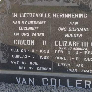 COLLER Gideon D., van 1898-1982 &amp; Elizabeth C. HAASBROEK 1892-1983