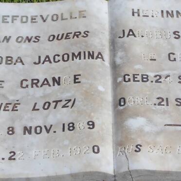 GRANGE Jacobus Petrus, le 1868-1940 &amp; Jacoba Jacomina LOTZ 1869-1920