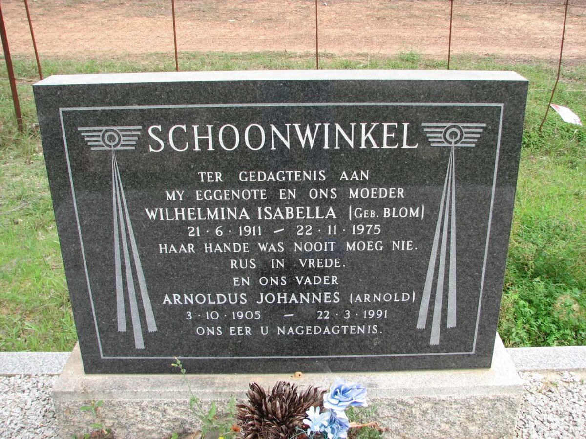 SCHOONWINKEL Arnoldus Johannes 1905-1991 &amp; Wilhelmina Isabella BLOM 1911-1975