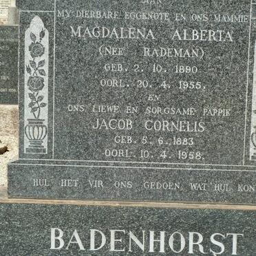 BADENHORST Jacob Cornelis 1883-1958 &amp; Magdalena Alberta RADEMAN 1890-1955
