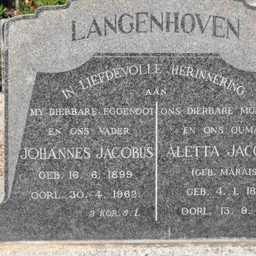 LANGENHOVEN Johannes Jacobus 1899-1962 &amp; Aletta Jacoba MARAIS 1898-1979