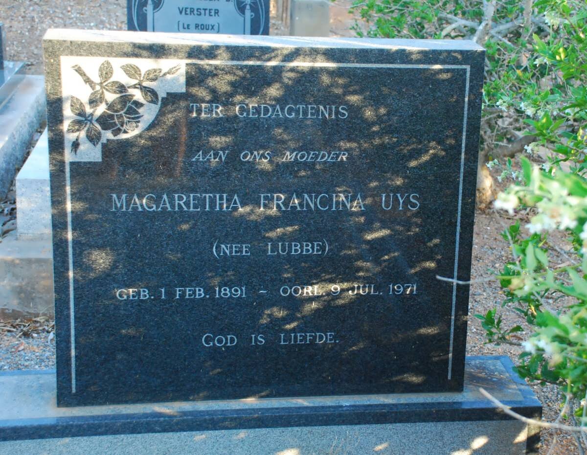 UYS Magaretha Francina nee LUBBE 1891-1971