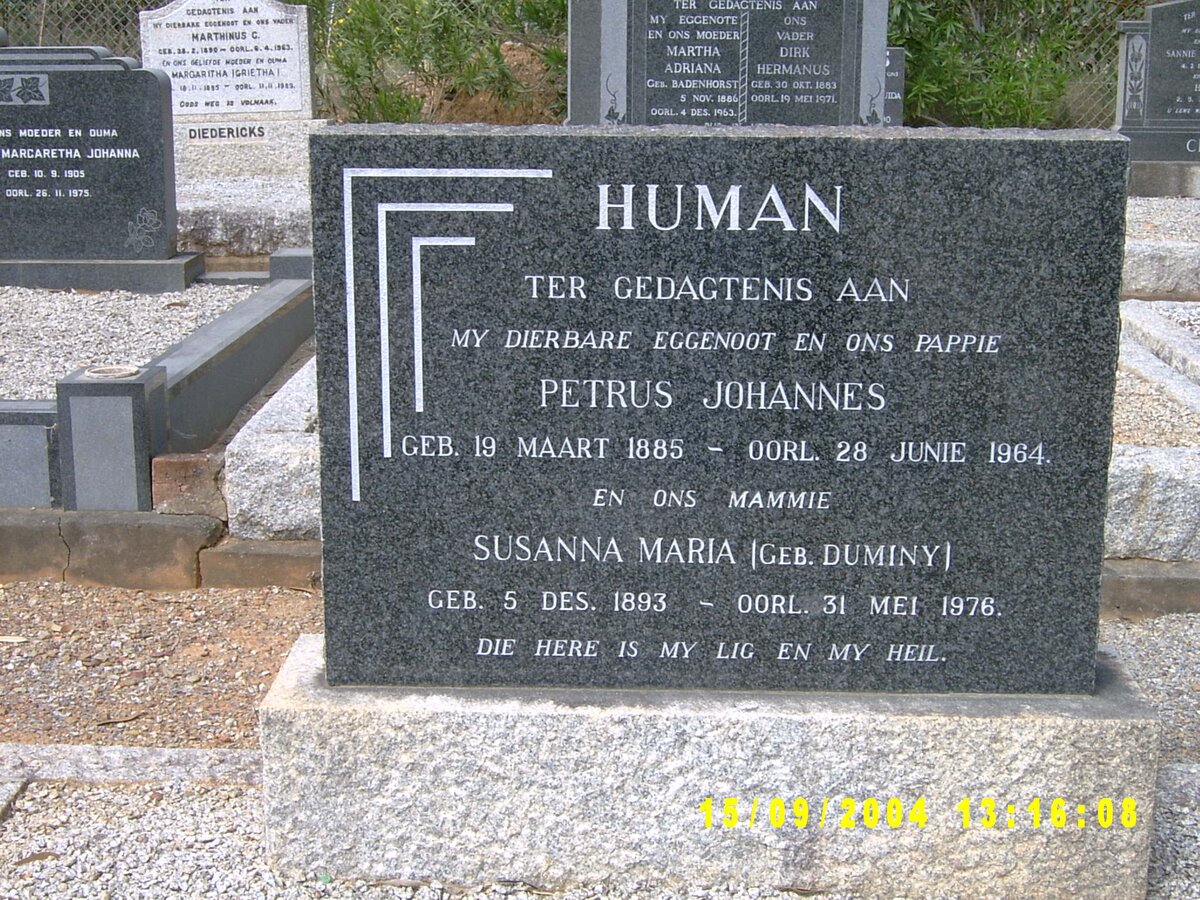 HUMAN Petrus Johannes 1885-1964 &amp; Susanna Maria DUMINY 1893-1976