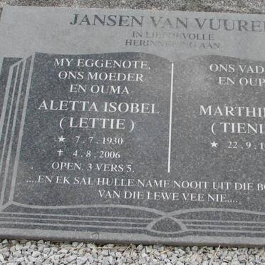 VUUREN Marthinus, jansen van 1927- &amp; Aletta Isobel 1930-2006