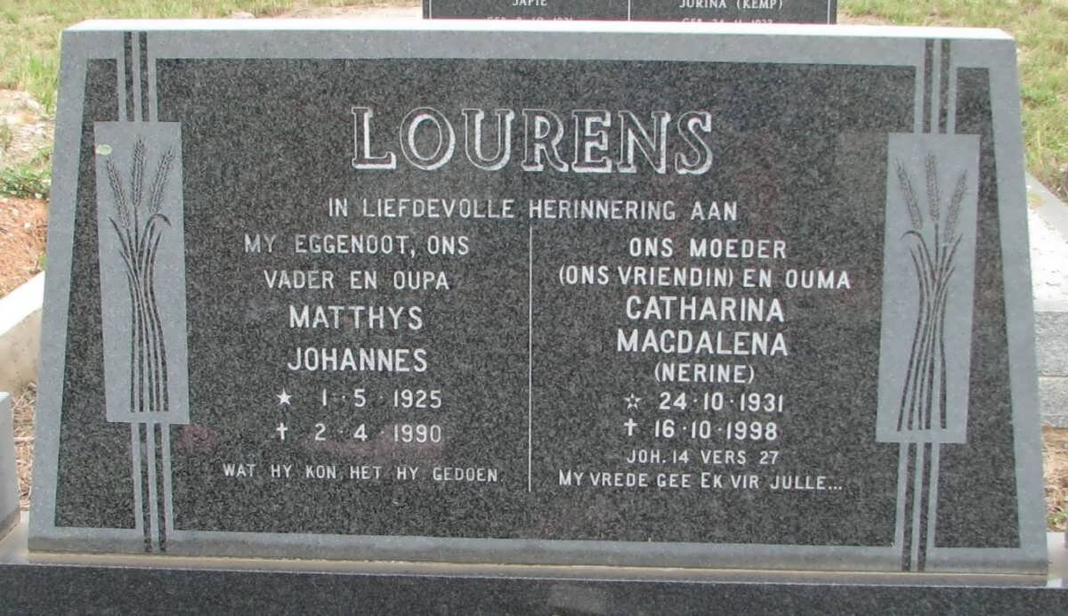 LOURENS Matthys Johannes 1925-1990 &amp; Catharina Magdalena 1931-1998