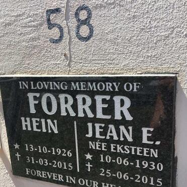 FORRER Hein 1926-2015 &amp; Jean E. EKSTEEN 1930-2015