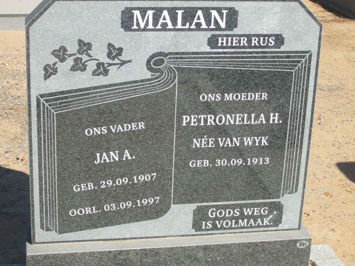 MALAN Jan A. 1907-1997 &amp; Petronella H. VAN WYK 1913-