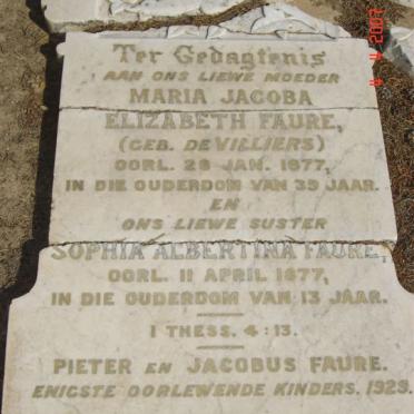 FAURE Elizabeth nee DE VILLIERS -1877 :: FAURE Sophia Albertina  -1877