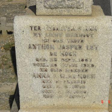 KOCK Anthon Jasper Ley, de 1867-1929 &amp; Anna E.M. DU PLESSIS 1870-1940