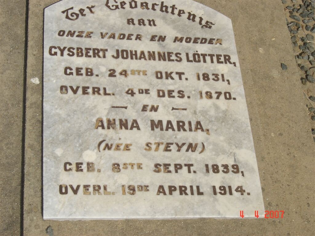 LOTTER Gysbert Johannes 1831-1870 &amp; Anna Maria STEYN 1839-1914