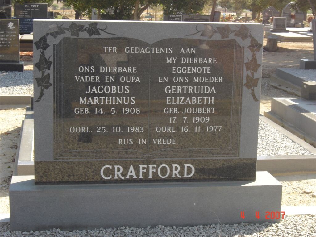 CRAFFORD Jacobus Marthinus 1908-1983 &amp; Gertruida Elizabeth JOUBERT 1909-1977