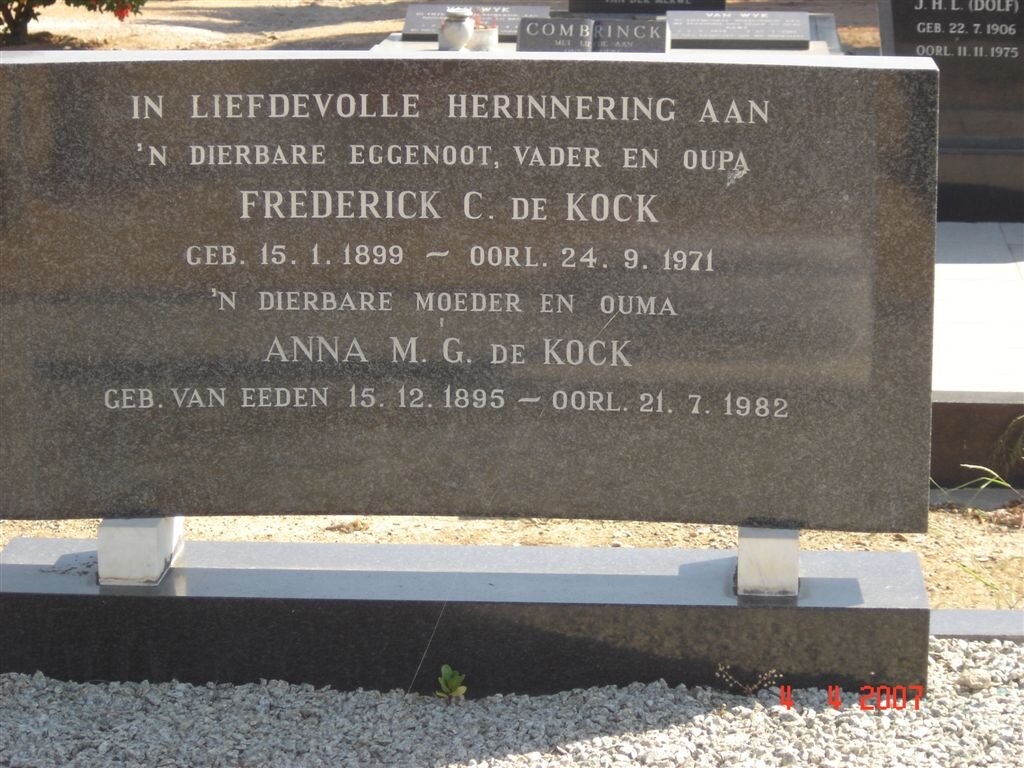 KOCK Frederick C., de 1899-1971 &amp; Anna M.G. VAN EEDEN 1895-1982