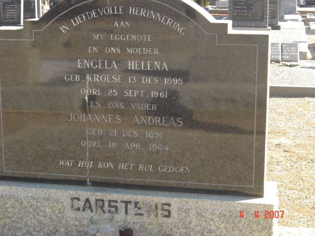 CARSTENS Johannes Andreas 1891-1964 &amp; Engela Helena KROESE 1895-1961