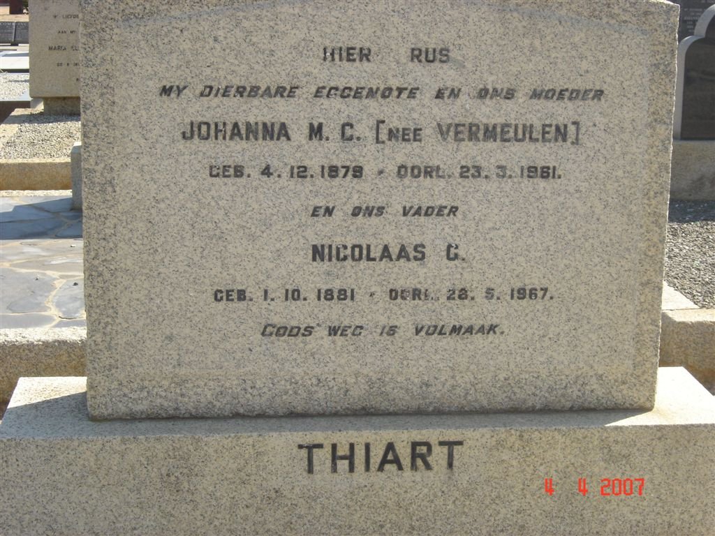 THIART Nicolaas C. 1881-1967 &amp; Johanna M.C. VERMEULEN 1879-1961