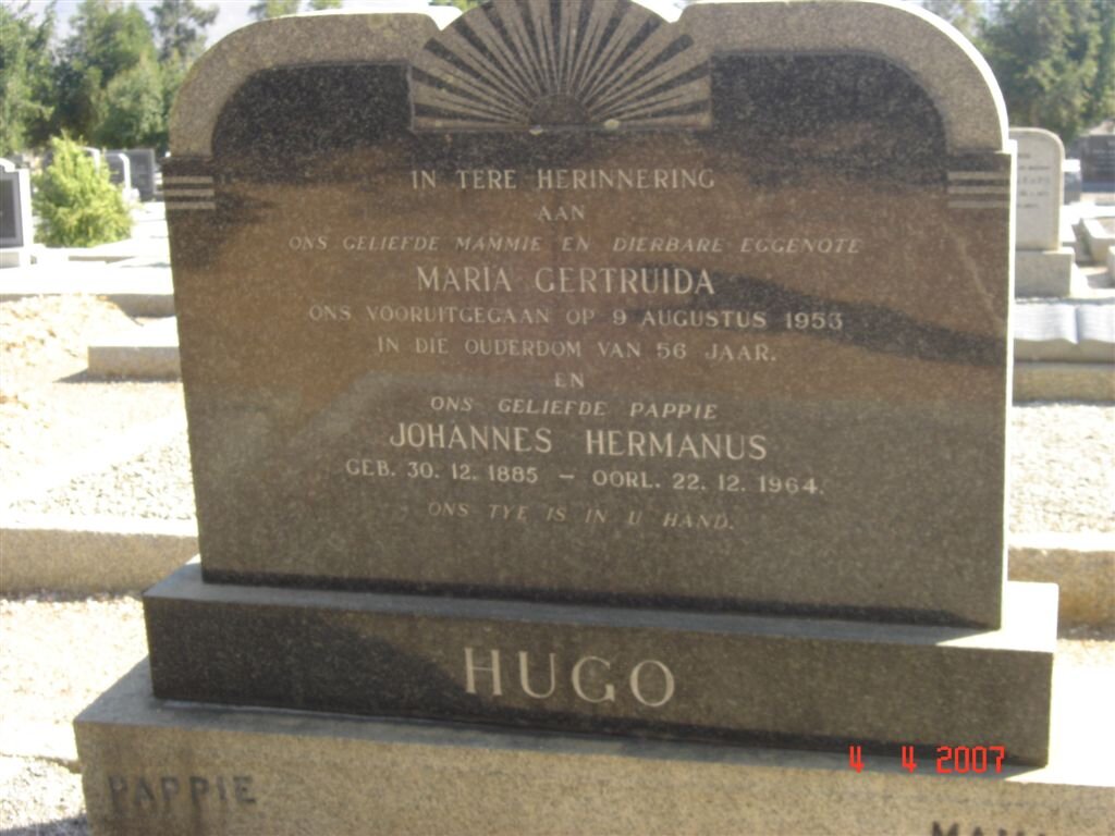 HUGO Johannes Hermanus 1885-1964 &amp; Maria Gertruida -1953