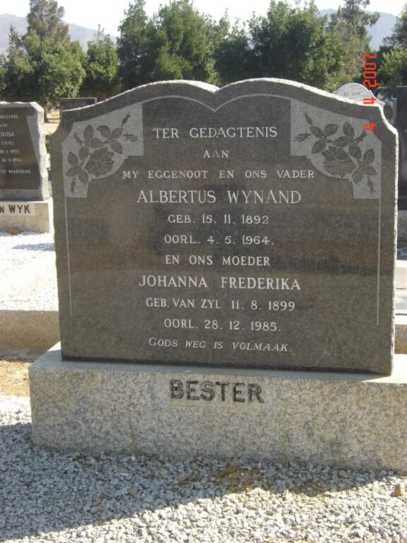 BESTER Albertus Wynand 1892-1964 &amp; Johanna Frederika VAN ZYL 1899-1985