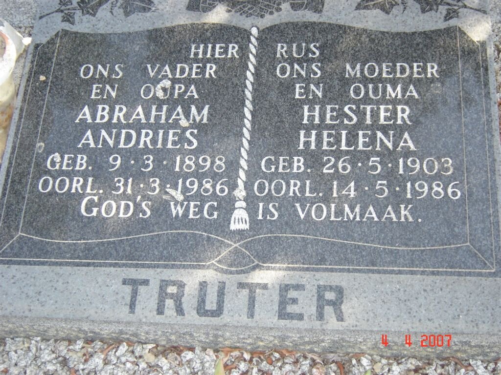 TRUTER Abraham Andries 1898-1986 &amp; Hester Helena 1903-1986