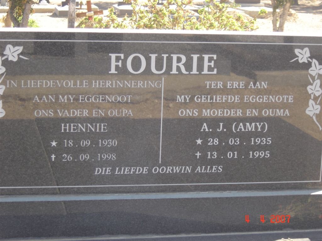 FOURIE Hennie 1930-1998 &amp; A.J. 1935-1995