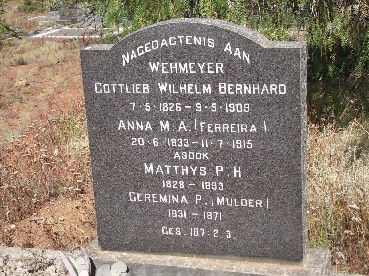WEHMEYER Gottlieb Wilelm Bernhard 1826-1909 &amp; Anna M.A. FERREIRA 1833-1915
