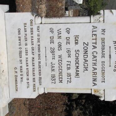 ZONDAGH Alleta Catharina, nee SCHOEMAN 1872-1937