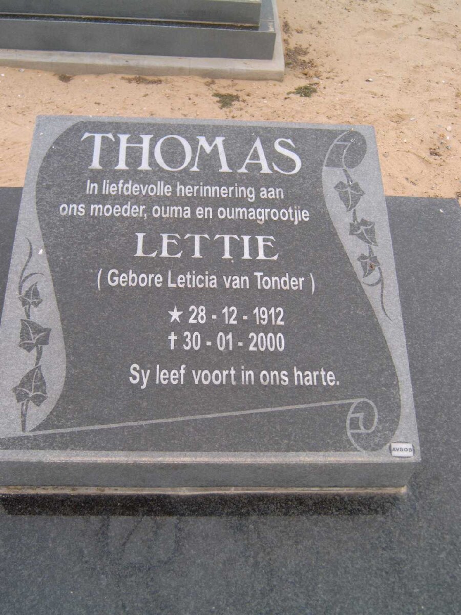 THOMAS Leticia nee VAN TONDER 1912-2000