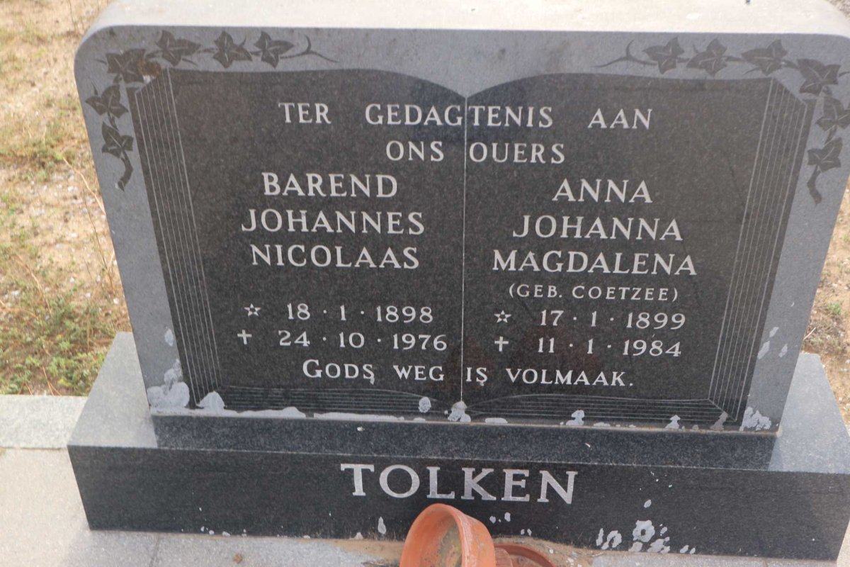 TOLKEN Barend Johannes Nicolaas 1898-1976 &amp; Anna Johanna Magdalena COETZEE 1899-1984