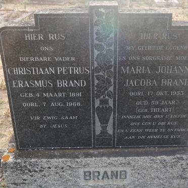 BRAND Christiaan Petrus Erasmus 1891-1968 &amp; Maria Johanna Jacoba THEART -1953