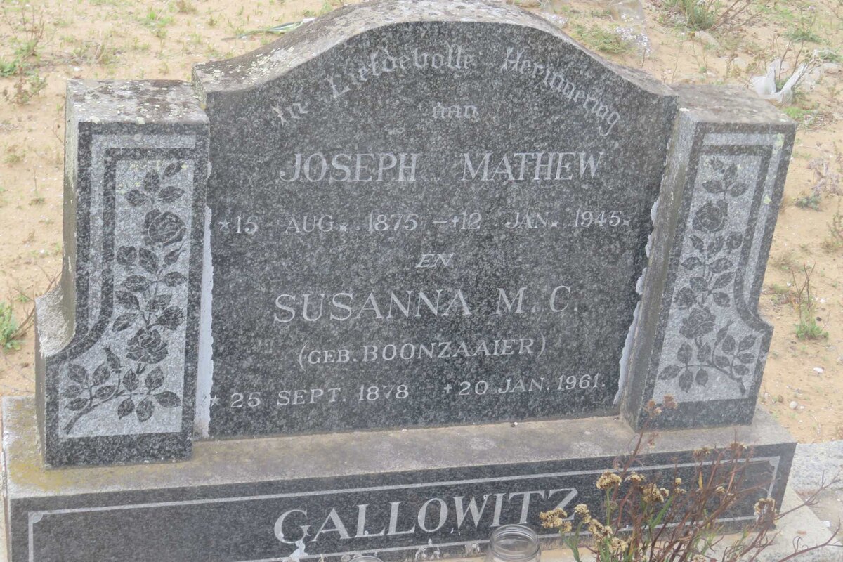 GALLOWITZ Joseph Mathew 1875-1945 &amp; Susanna M.C. BOONZAAIER 1878-1961