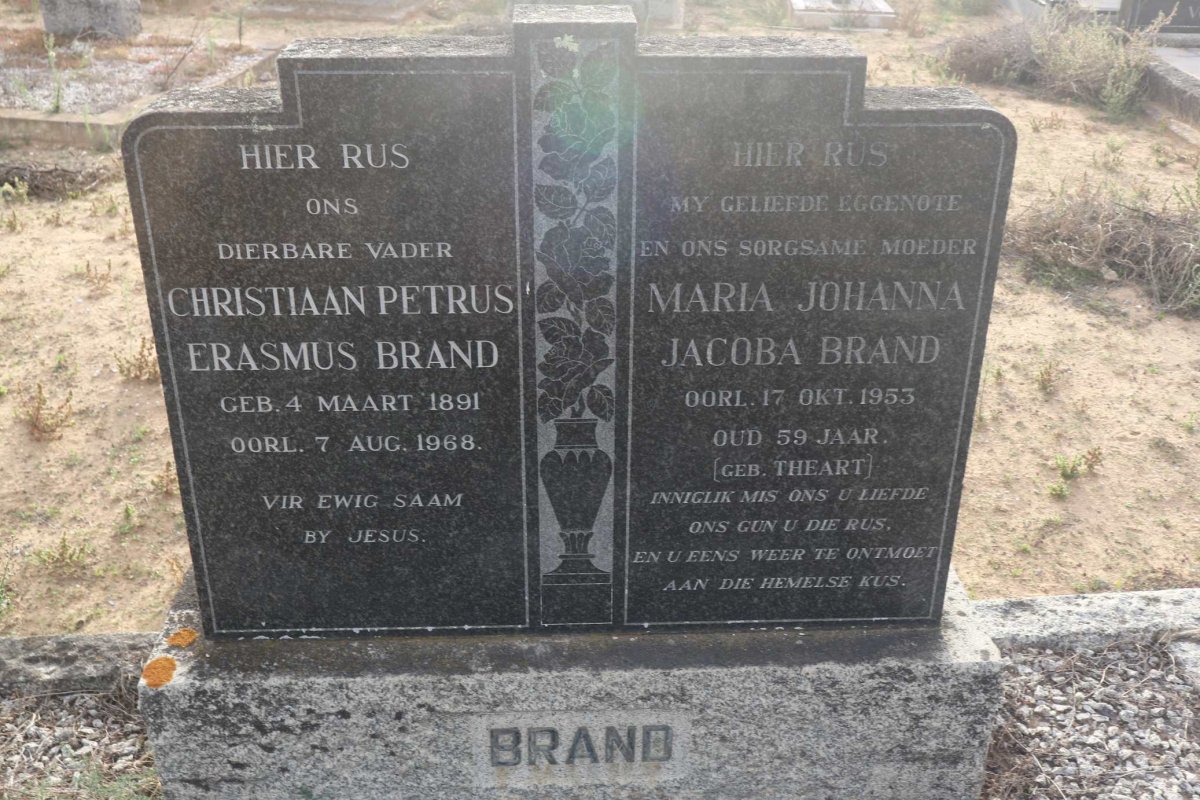 BRAND Christiaan Petrus Erasmus 1891-1968 &amp; Maria Johanna Jacoba THEART -1953