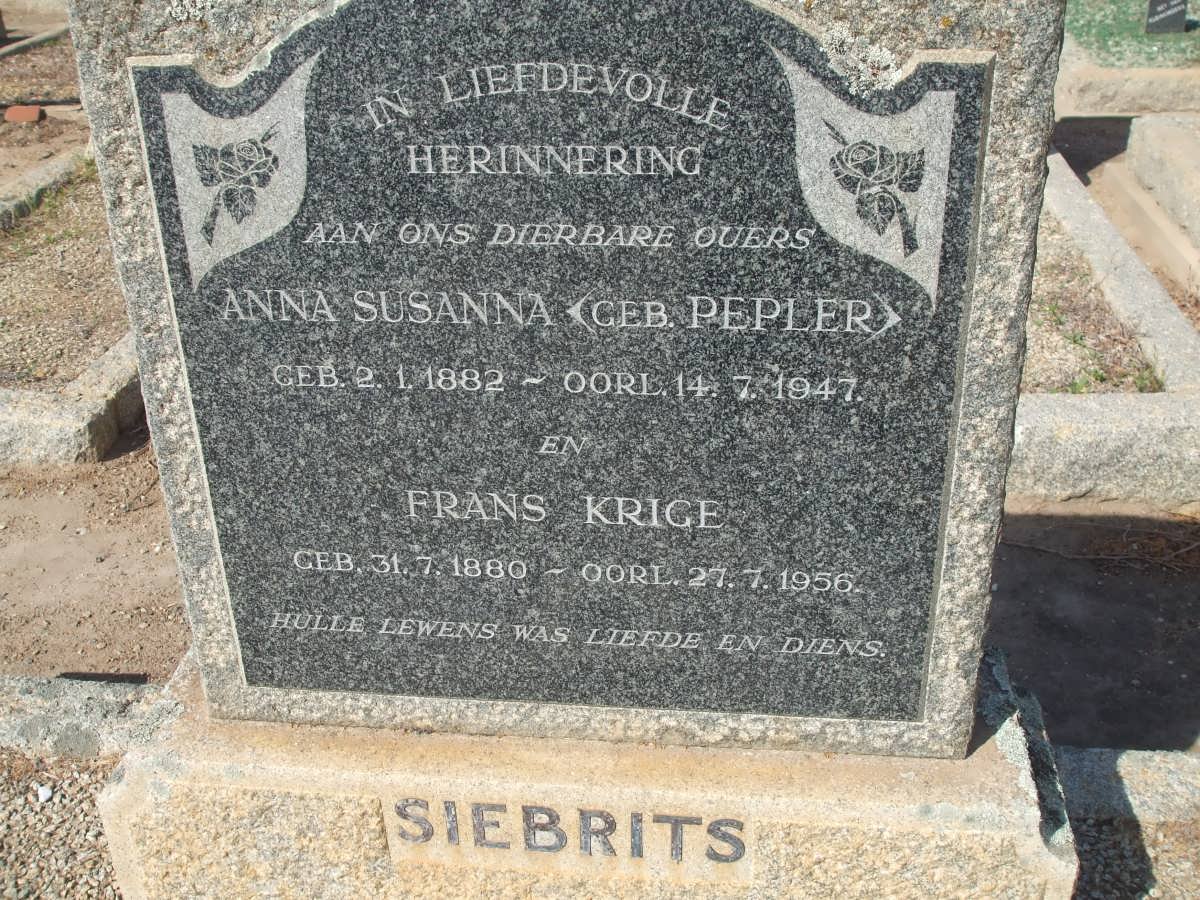 SIEBRITS Frans Krige 1880-1956 &amp; Anna Susanna PEPLER 1882-1947