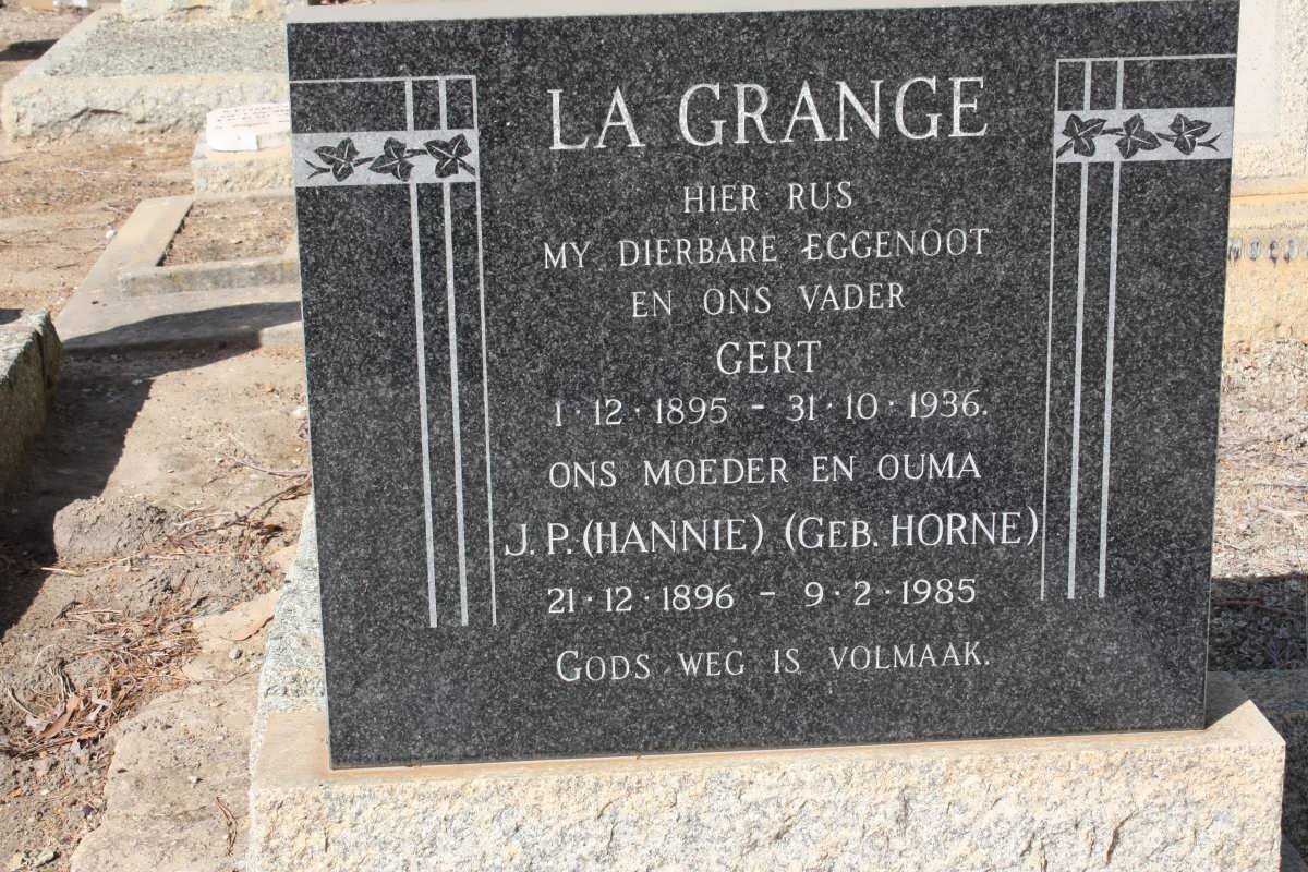GRANGE Gert, La 1895-1936 &amp; J.P. HORNE 1896-1985
