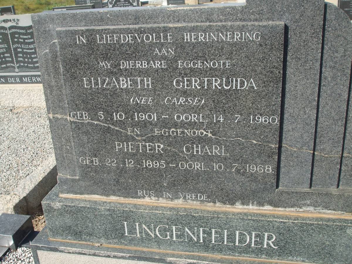 LINGENFELDER Pieter Charl 1895-1968 &amp; Elizabeth Gertruida CARSE 1901-1960