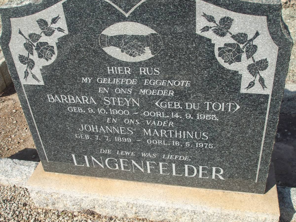 LINGENFELDER Johannes Marthinus 1899-1975 &amp; Barbara Steyn DU TOIT 1900-1953
