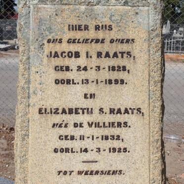 RAATS Jacob I. 1828-1899 &amp; Elizabeth S. DE VILLIERS 1832-1925