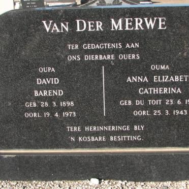 MERWE David Barend, van der 1898-1973 &amp; Anna Elizabeth Catharina du TOIT 1900-1943