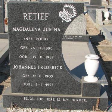 RETIEF Johannes Frederick 1905-1993 &amp; Magdalena Jurina ROUX 1987-1987