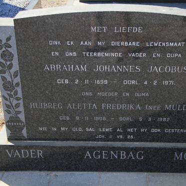 AGENBAG Abraham Johannes Jacobus 1899-1971 &amp; Huibreg Aletta Fredrika  MULDER 1908-1982