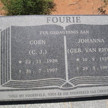 FOURIE C.J. 1920-1997 &amp; Johanna VAN RHYN 1929-1997
