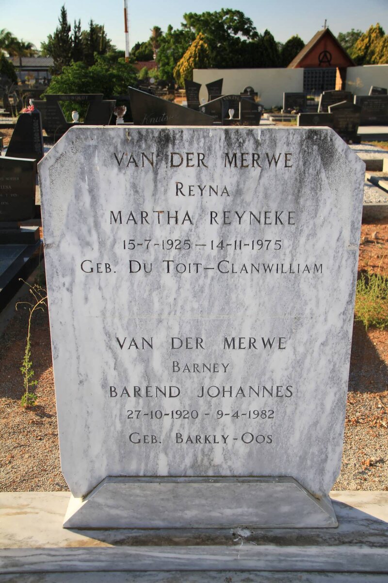 MERWE Barend Johannes, van der 1920-1982 &amp; Martha Reyneke DU TOIT 1925-1975