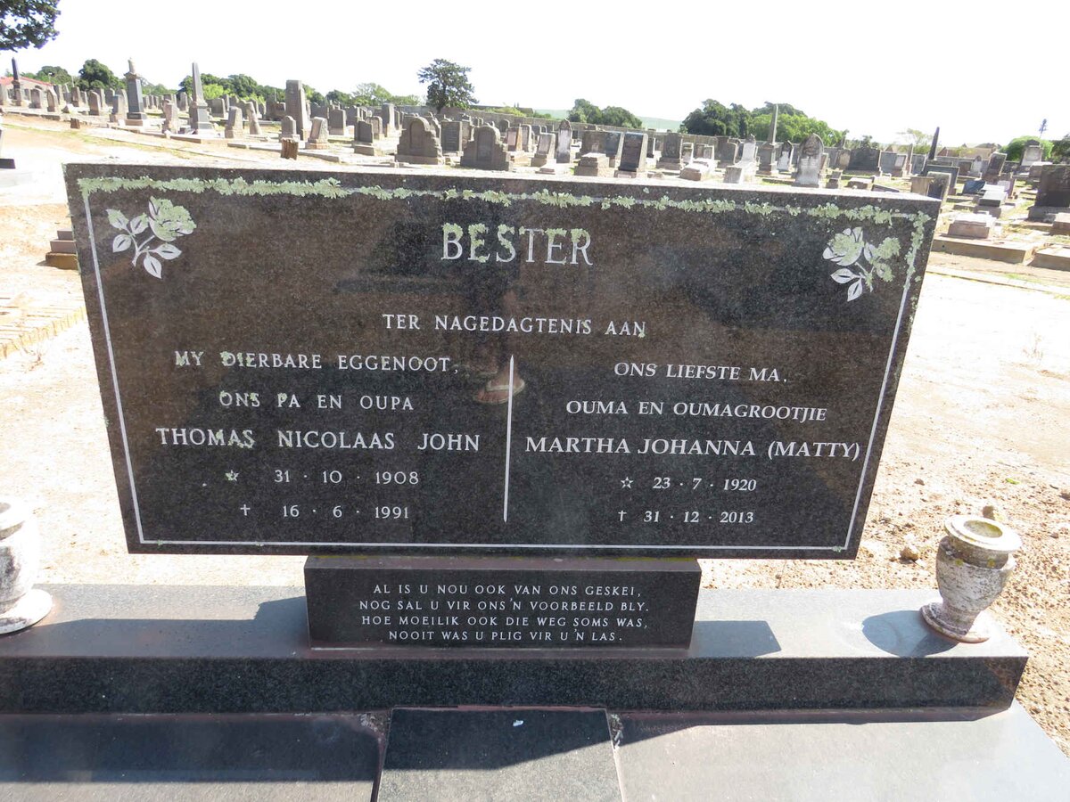 BESTER Thomas Nicolaas John 1908-1991 &amp; Martha Johanna 1920-2013