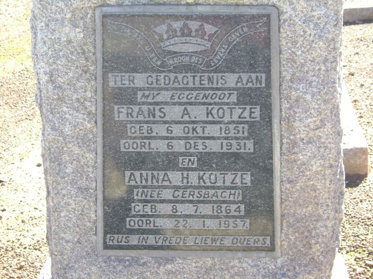 KOTZE Frans A. 1851-1931 &amp; Anna H. GERSBACH 1864-1957