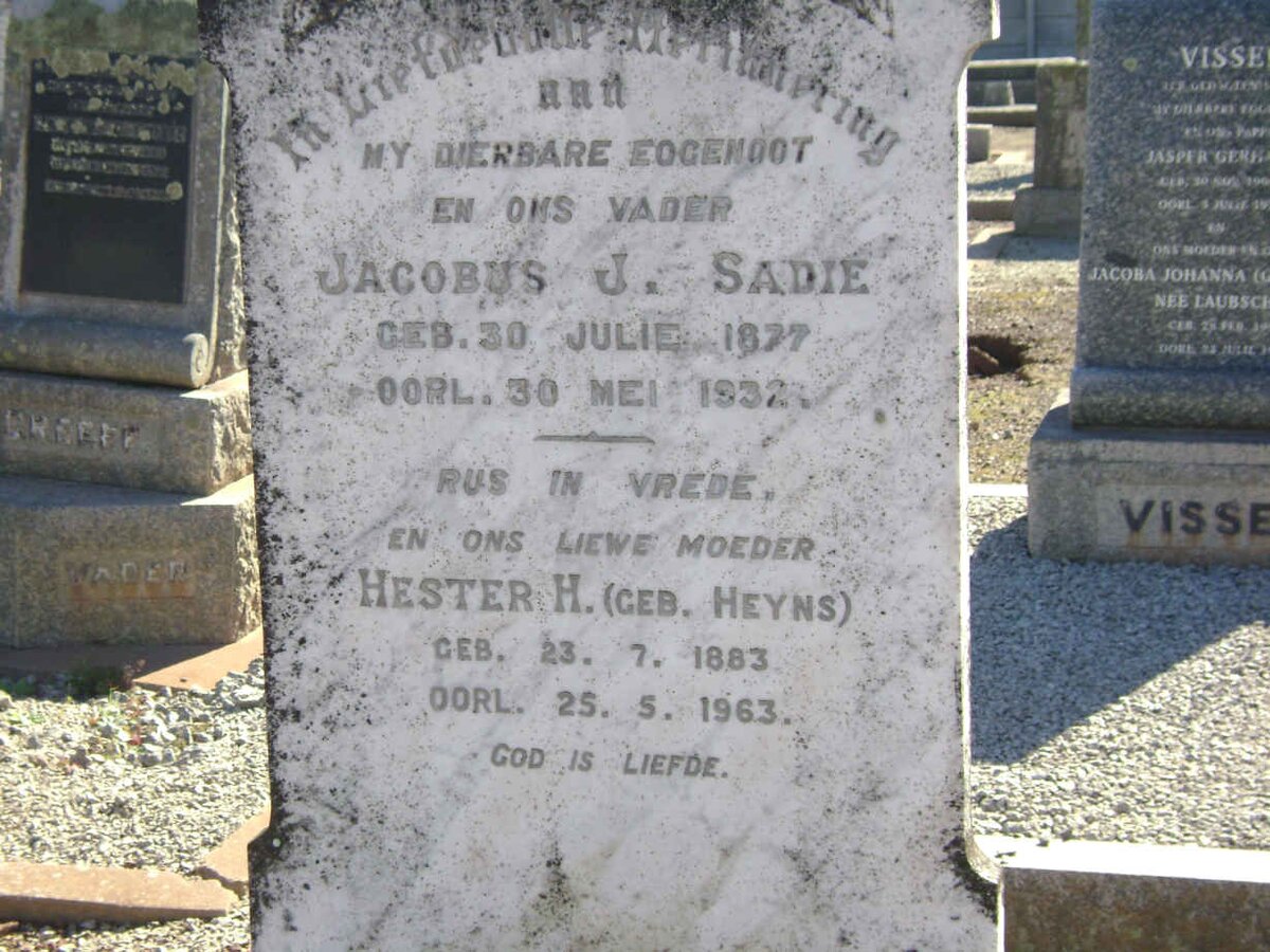 SADIE Jacobus J. 1877-1932 &amp; Hester H. HEYNS 1883-1963