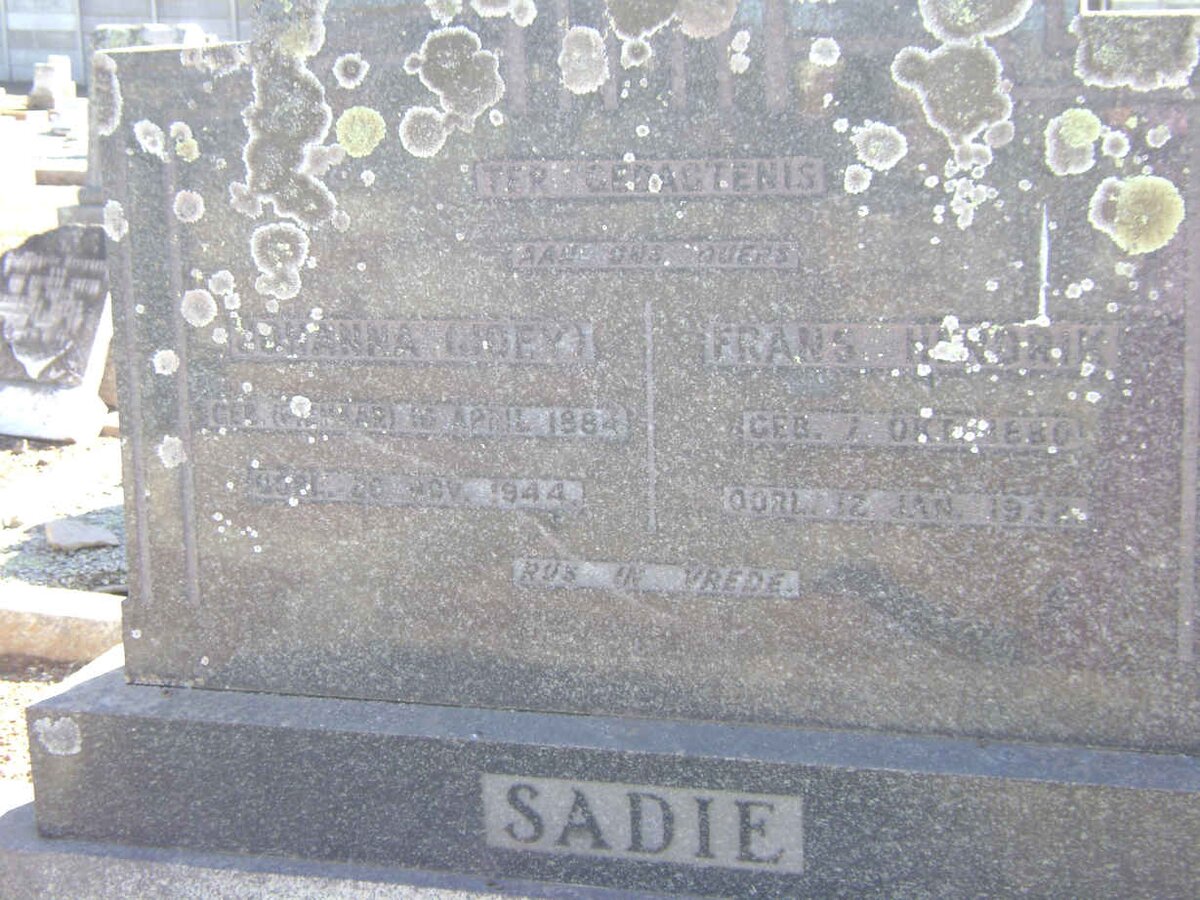 SADIE Frans Hendrik 1880-1932 &amp; Johanna 1884-1944