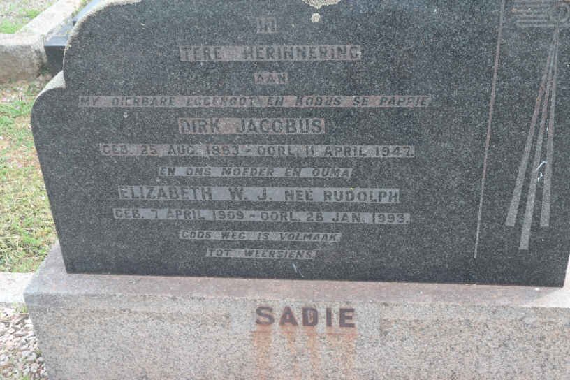 SADIE Dirk Jacobus 1883-1947 &amp; Elizabeth W.J. RUDOLPH 1909-1993